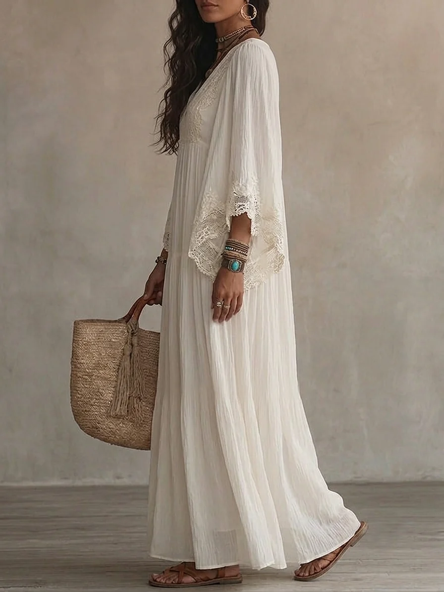 Adelaida | Abito lungo in chiffon color avorio con maniche a pipistrello e pizzo bianco