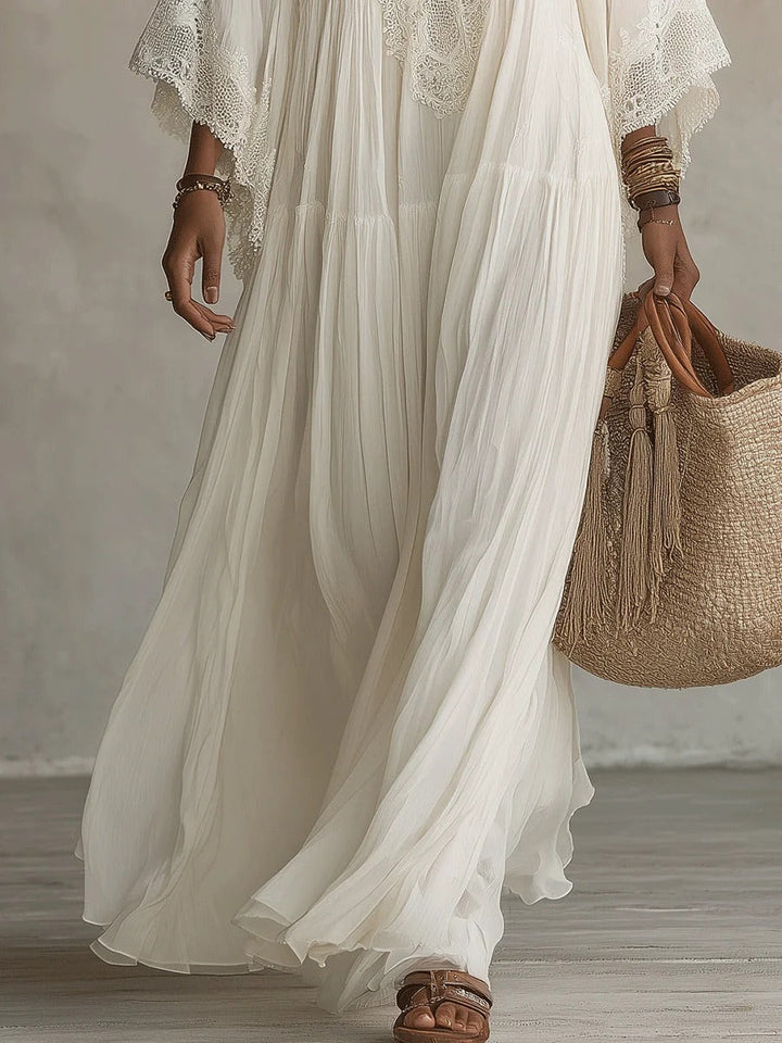 Adelaida | Abito lungo in chiffon color avorio con maniche a pipistrello e pizzo bianco