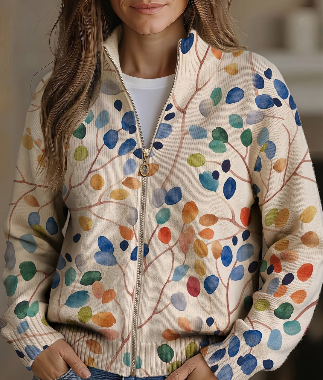Delphine | Botanical Leaf Print Zip Cardigan - Helen & Olivia Manhattan