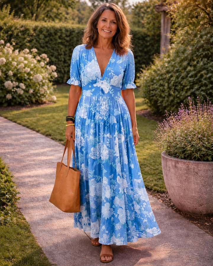 Ione | Effortless Floral V Neck Midi Dress