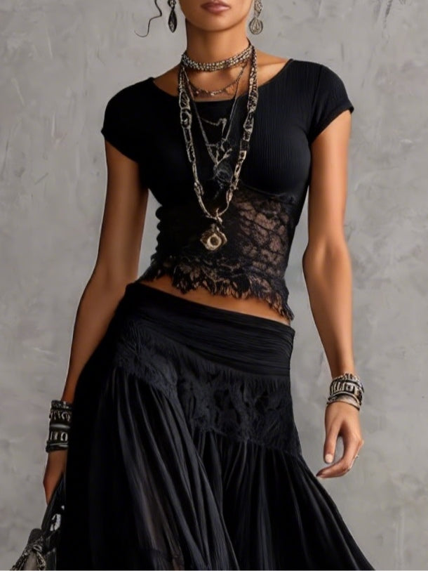 Petra | Black Sheer Lace-Paneled Top and Pleated Maxi Skirt Set - Helen & Olivia Manhattan