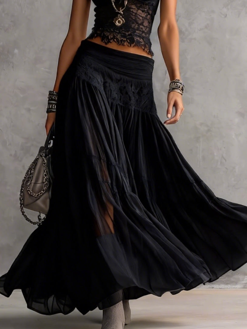 Petra | Black Sheer Lace-Paneled Top and Pleated Maxi Skirt Set - Helen & Olivia Manhattan