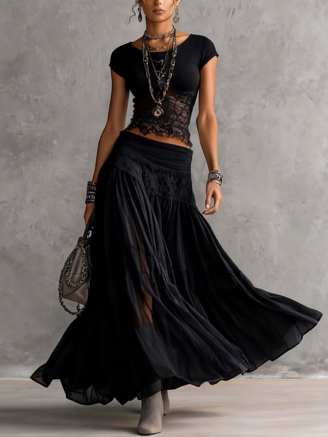 Petra | Black Sheer Lace-Paneled Top and Pleated Maxi Skirt Set - Helen & Olivia Manhattan