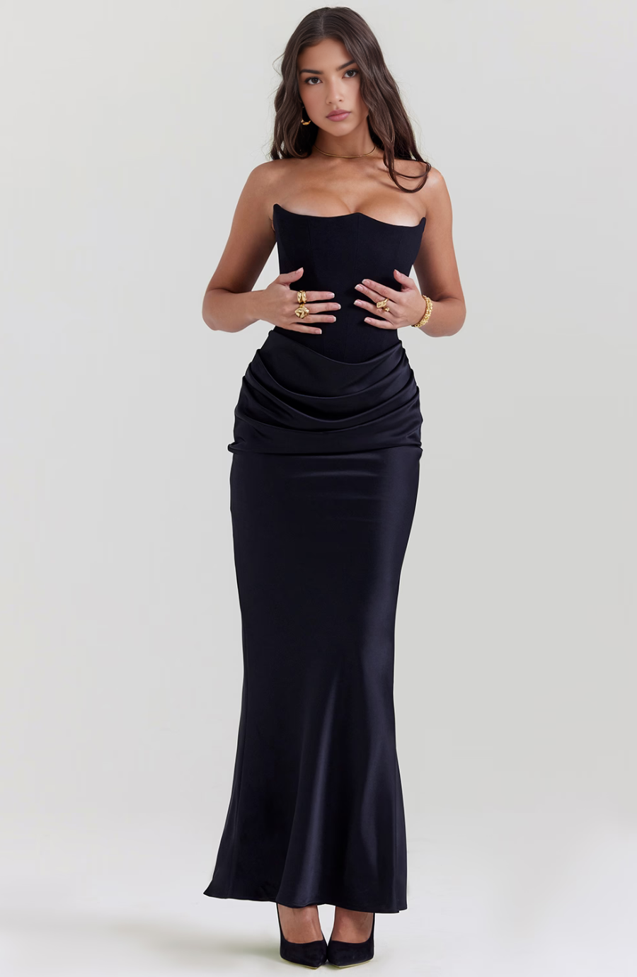 Maisy | Dress Maxi in Raso Senza Spalline with Corsetto