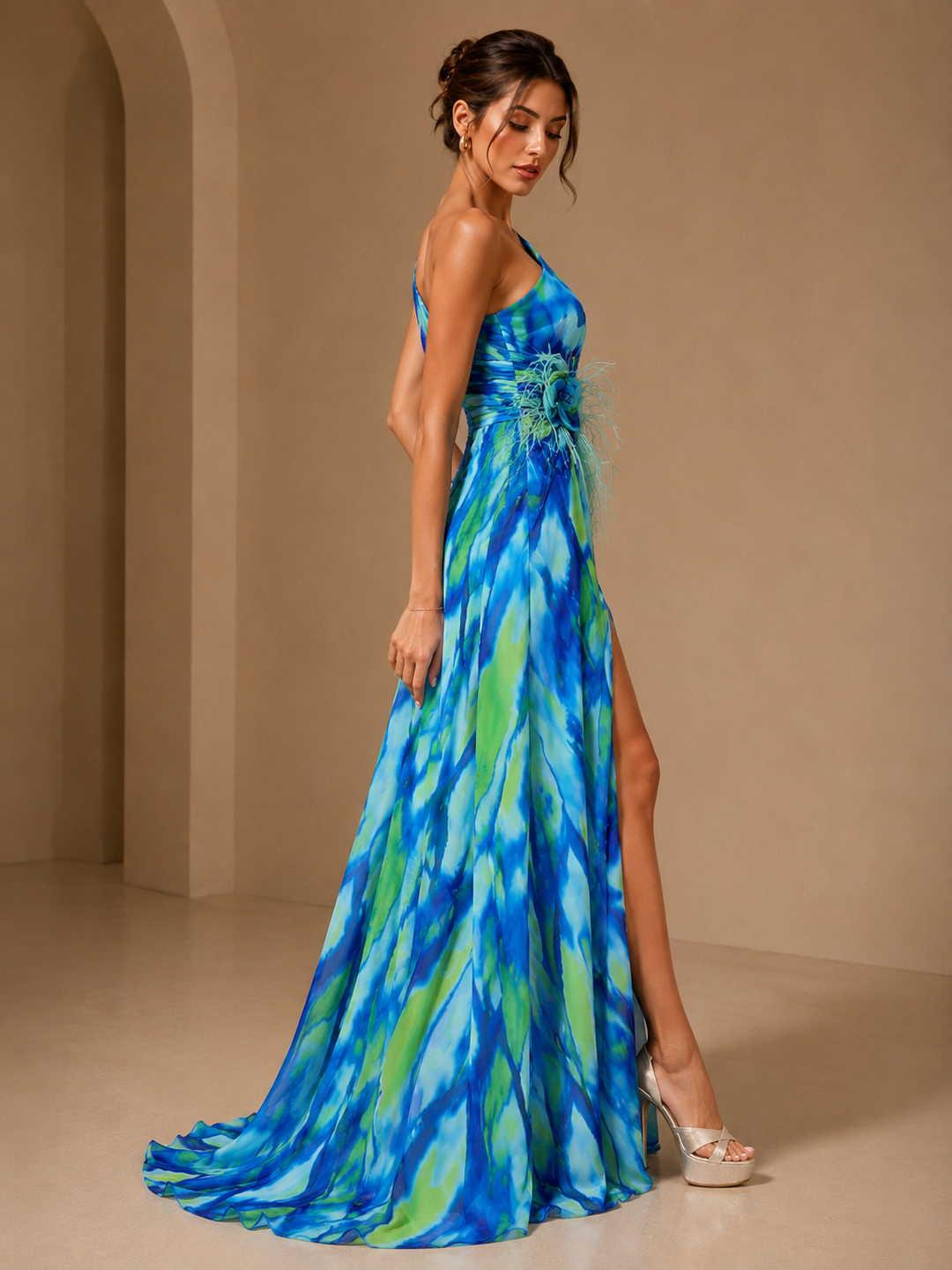 Mitchell | Dress Maxi One-Shoulder with Applicazioni Floral