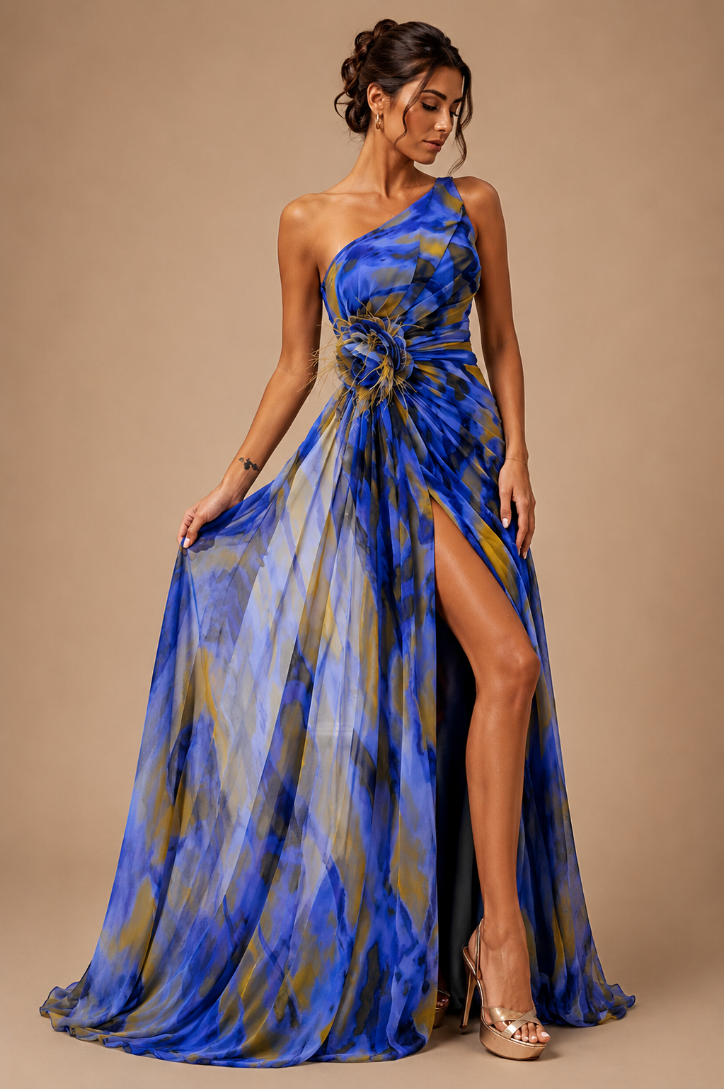 Mitchell | Dress Maxi One-Shoulder with Applicazioni Floral