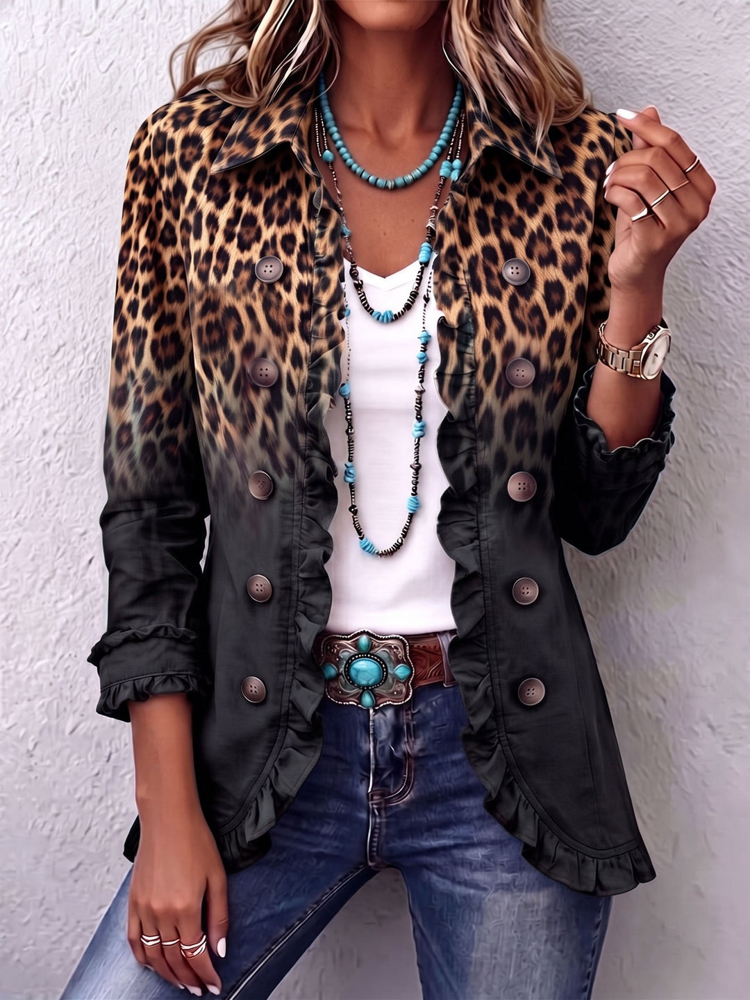 Valentine | Leopard Ombre Ruffle Jacket - Helen & Olivia Manhattan