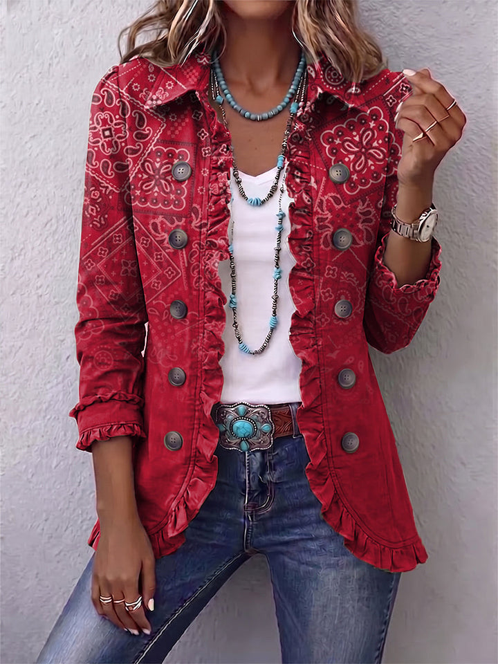 Gail | Red Paisley Ombre Ruffle Jacket - Helen & Olivia Manhattan