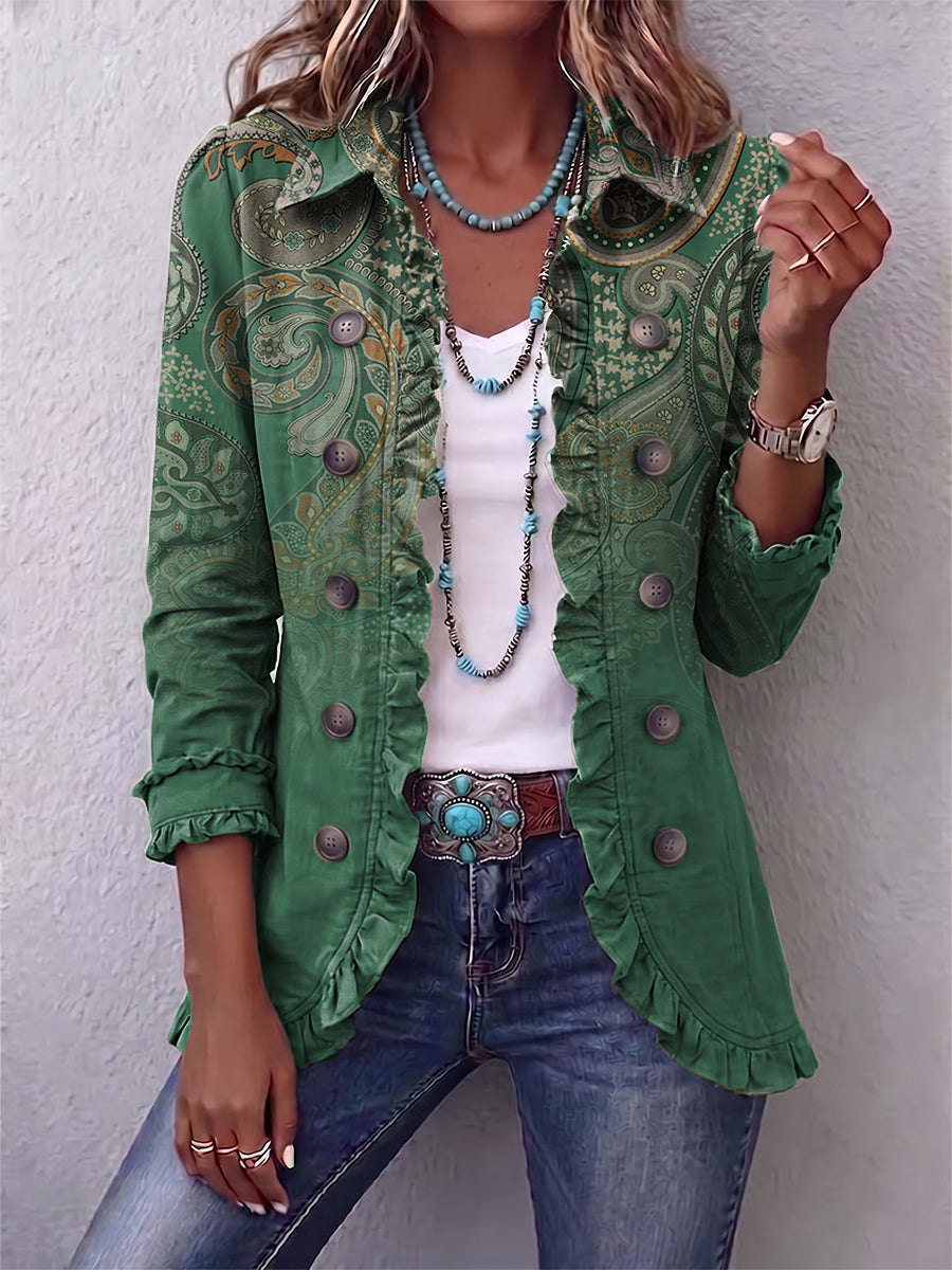 Cosette | Green Paisley Ruffle Jacket - Helen & Olivia Manhattan