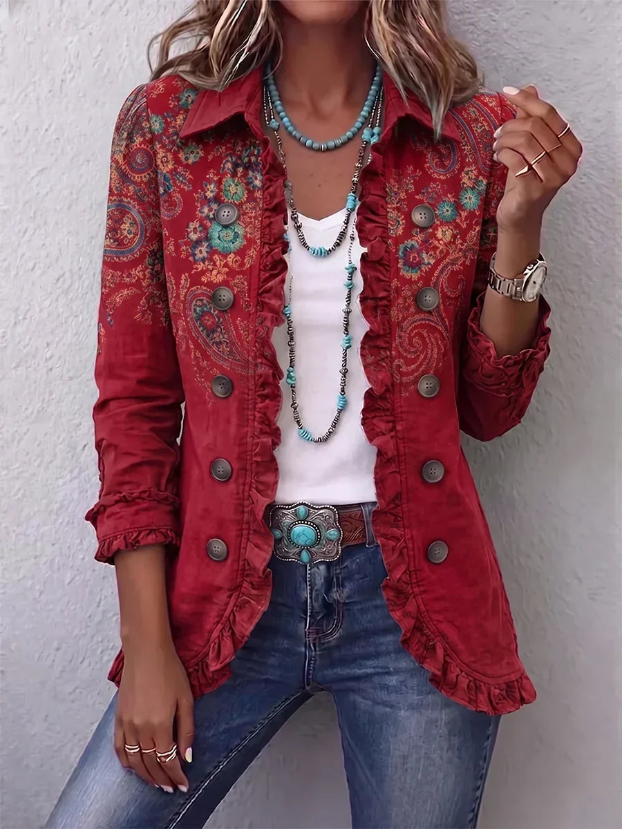 Charlotte | Red Paisley Ruffle Jacket - Helen & Olivia Manhattan