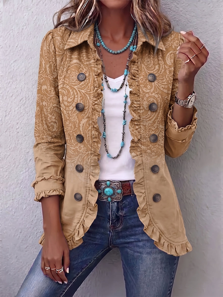 Claire | Khaki Printed Ruffle Jacket - Helen & Olivia Manhattan