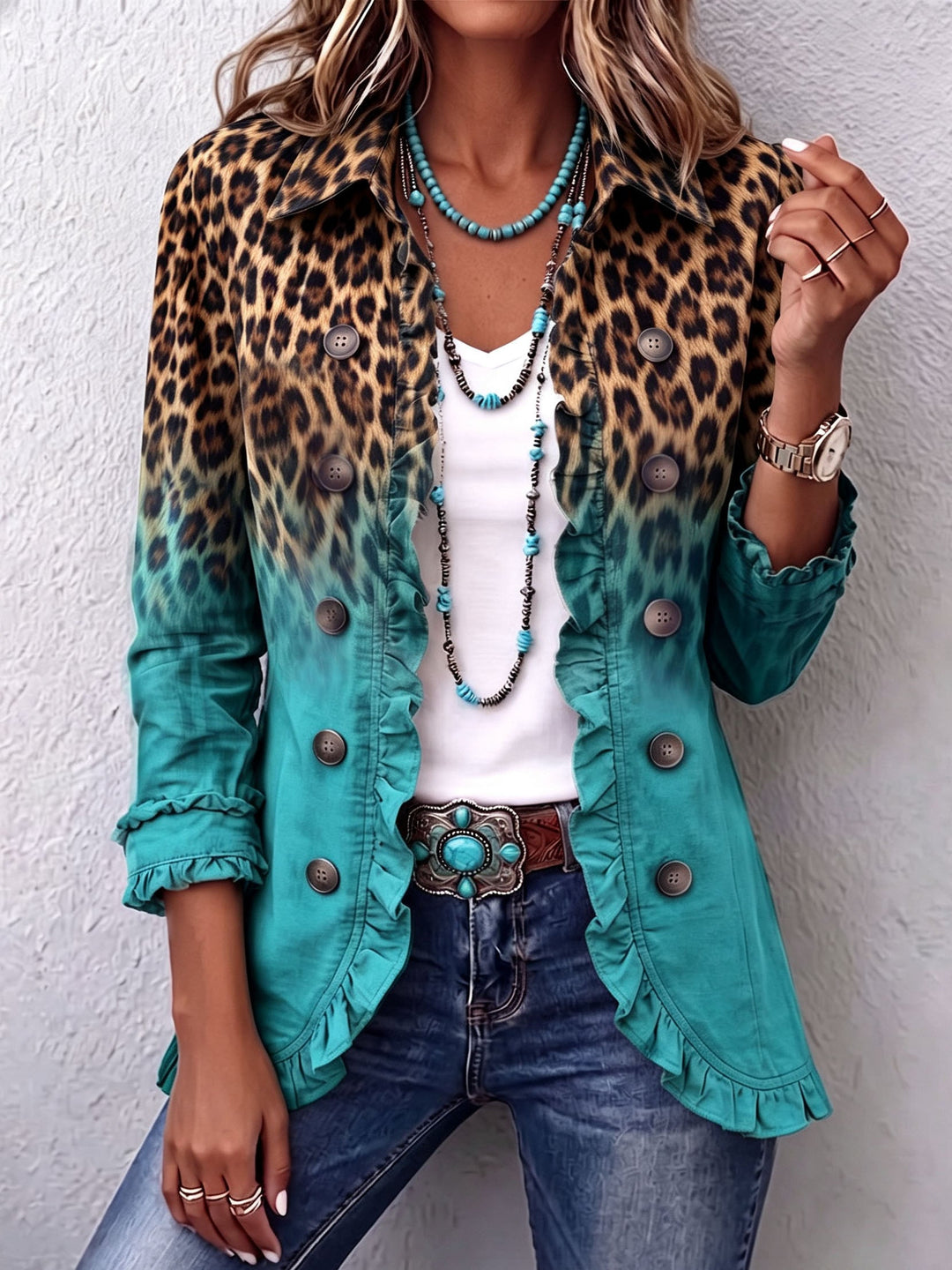 Beatrice | Turquoise Leopard Ombre Ruffle Jacket - Helen & Olivia Manhattan