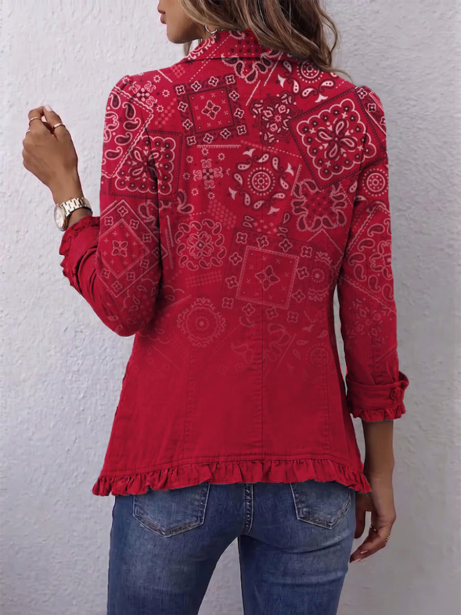 Gail | Red Paisley Ombre Ruffle Jacket - Helen & Olivia Manhattan