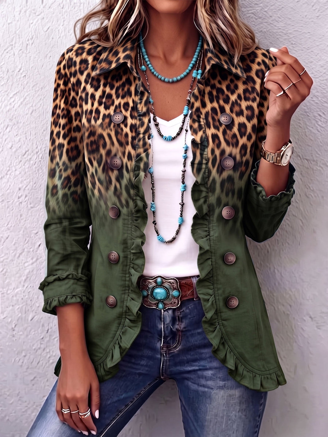 Louise | Green Leopard Ombre Ruffle Jacket - Helen & Olivia Manhattan