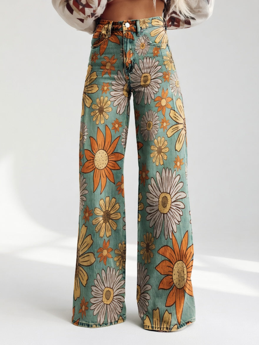Dimity | Vintage Floral Stampa Gamba Larga Retro Pants