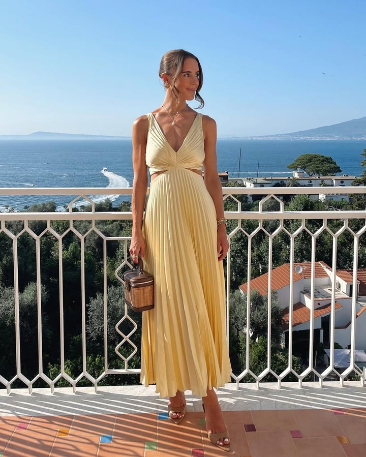 Reina | Dress Maxi Plissettato Scollo a V with Nodo Ritorto