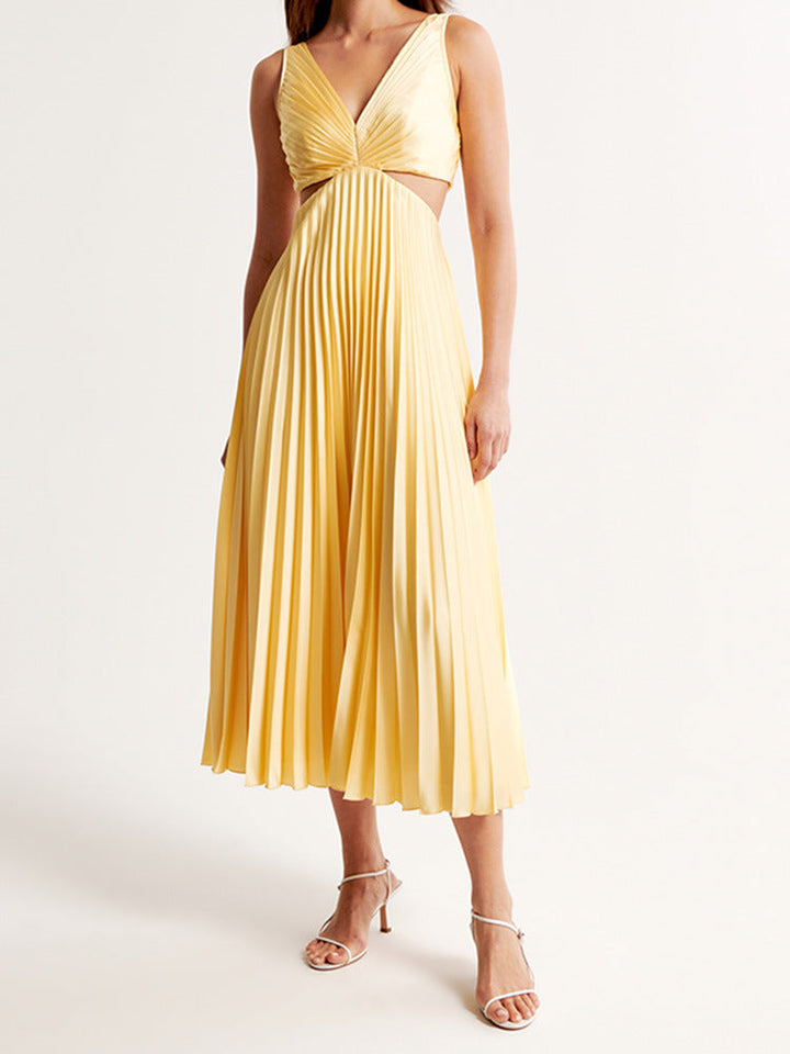 Reina | Dress Maxi Plissettato Scollo a V with Nodo Ritorto