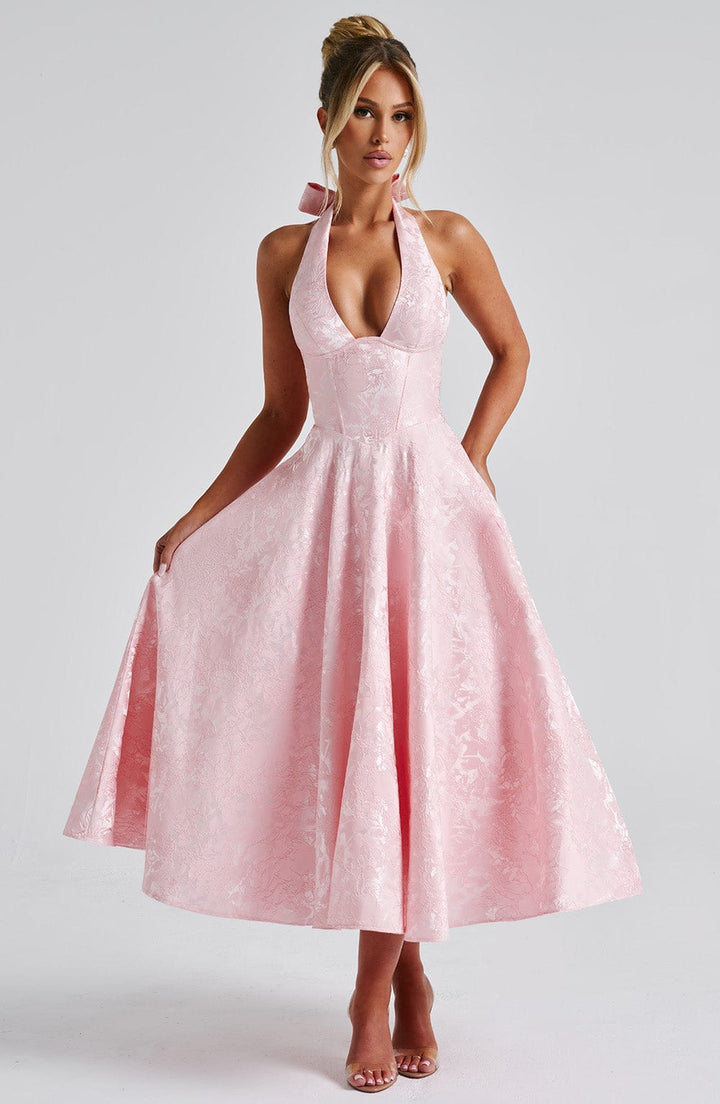Pinklie | Dress Midi Floral with Collo Halter & Corsetto
