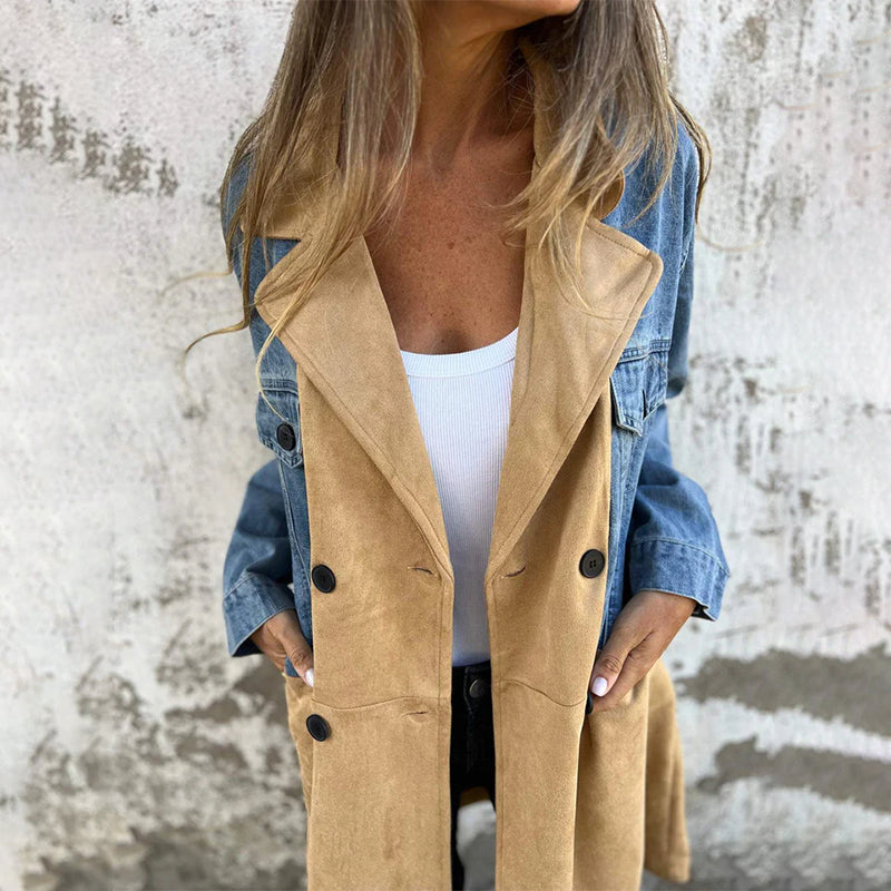 Sophie | Stylish Mid-Length Trench Coat with Denim Detail - Black
