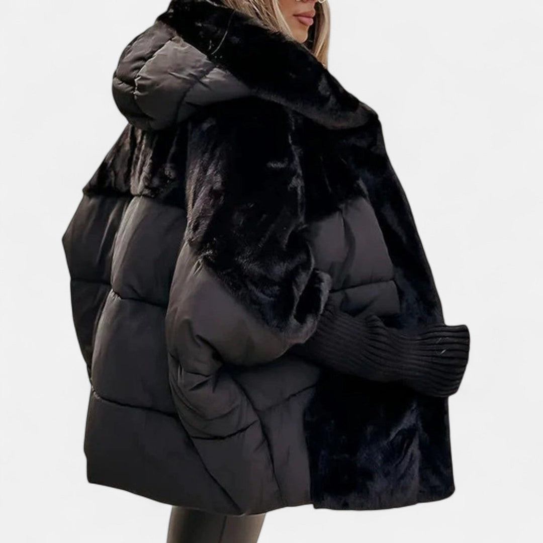 Oversized Hooded Patchwork Puffer Jacket - Black