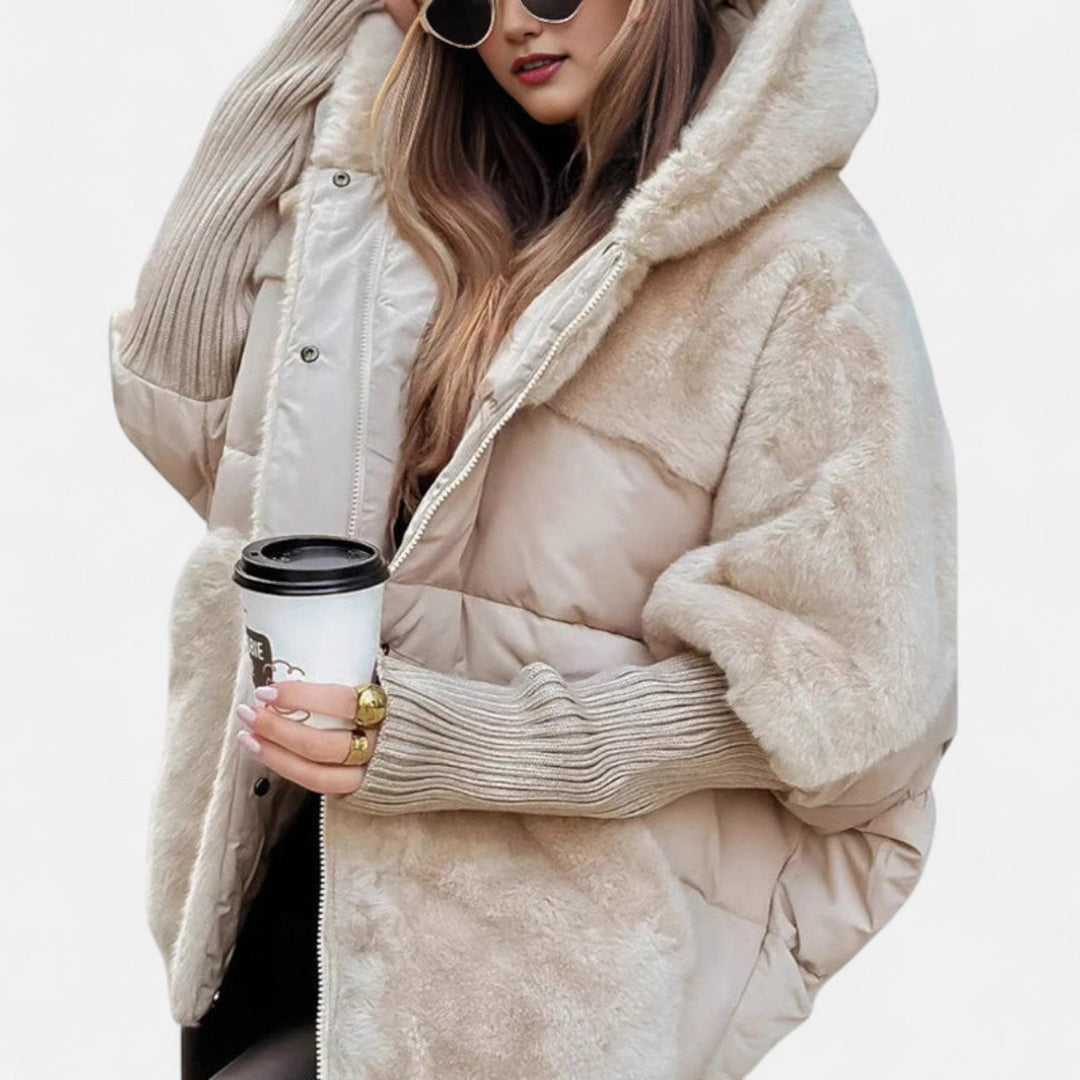 Oversized Hooded Patchwork Puffer Jacket - Khaki