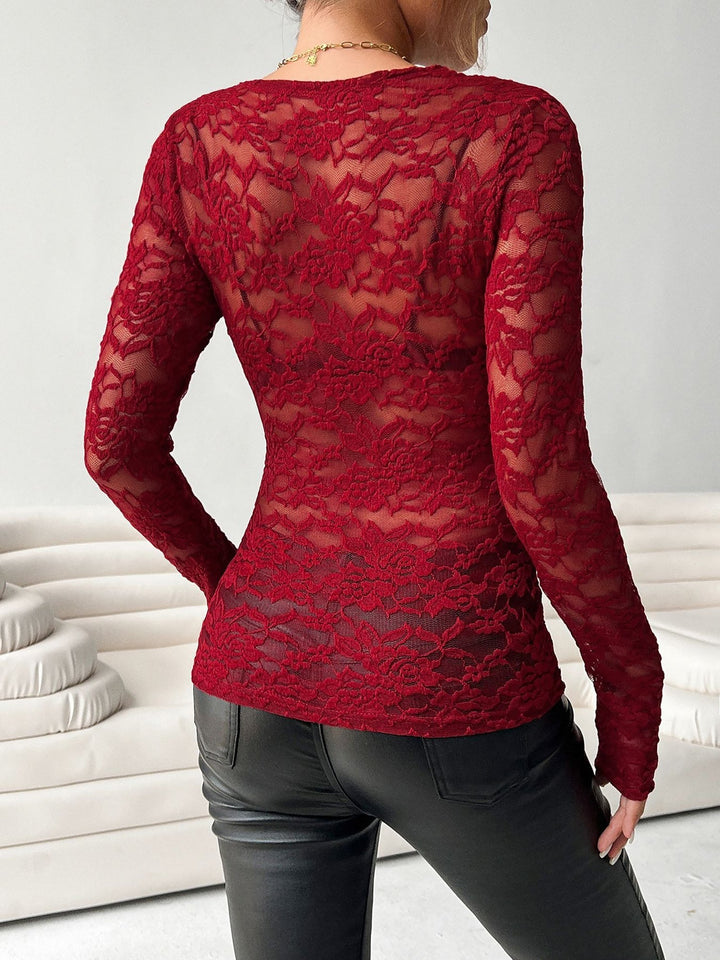 Brooke | Sheer Lace V-Neck Long Sleeve Top