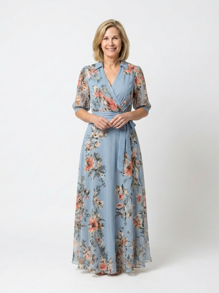 Elowen | Elegant Floral V Neck Wrap Maxi Dress