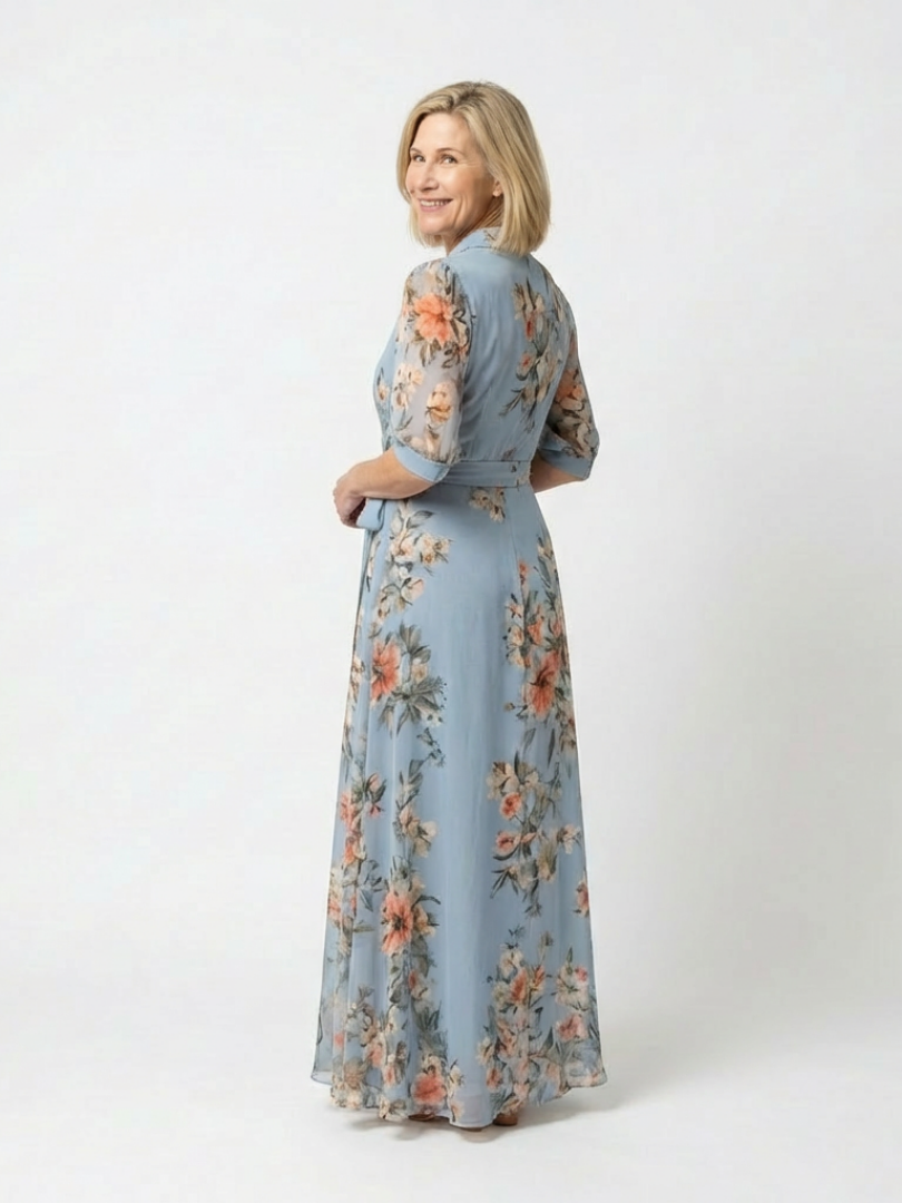 Elowen | Elegant Floral V Neck Wrap Maxi Dress