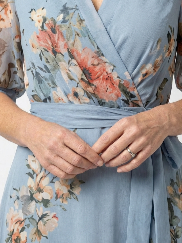 Elowen | Elegant Floral V Neck Wrap Maxi Dress