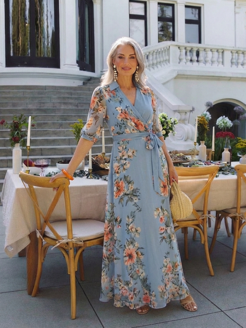 Elowen | Elegant Floral V Neck Wrap Maxi Dress