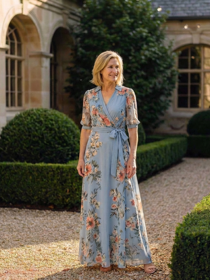 Elowen | Elegant Floral V Neck Wrap Maxi Dress