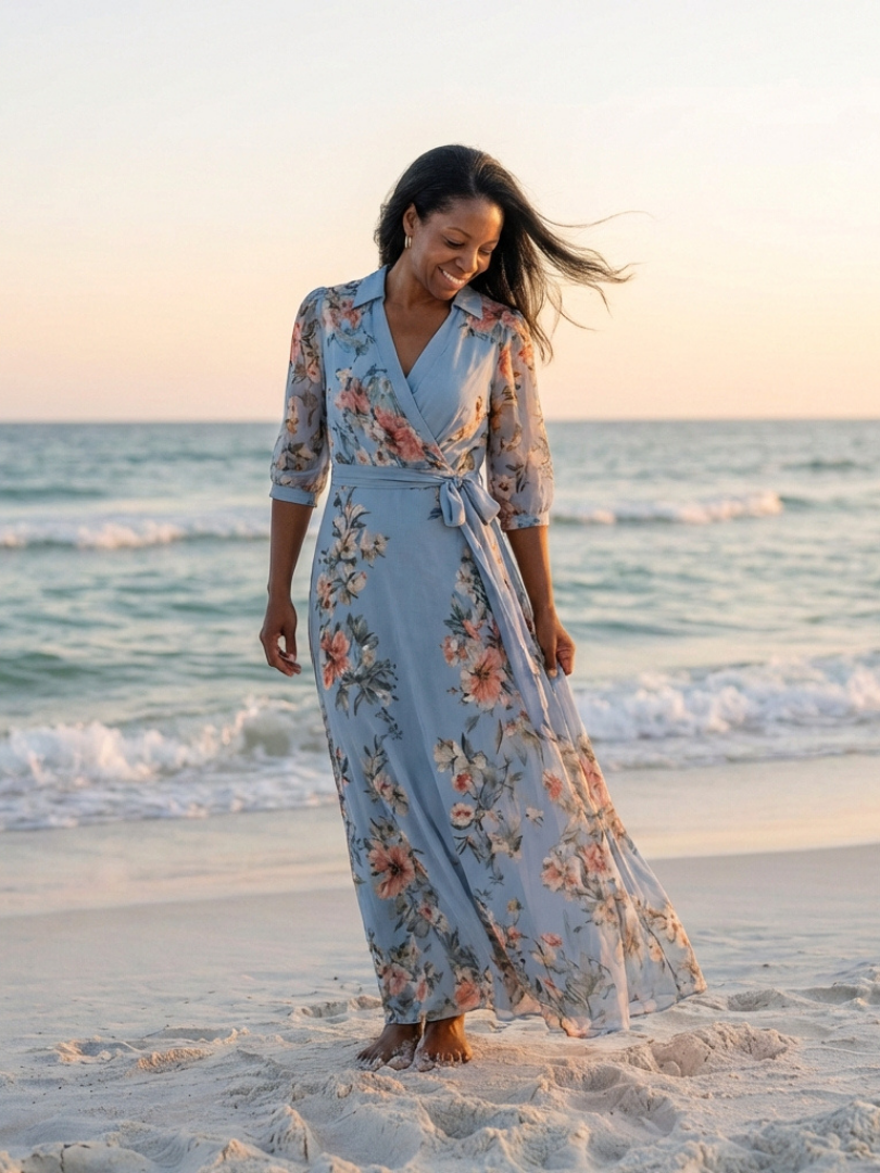 Elowen | Elegant Floral V Neck Wrap Maxi Dress