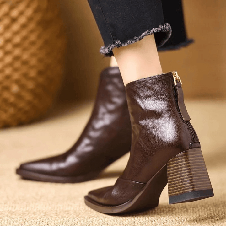 Claudia Luxe Mid | Heel Leather Ankle Boots - Brown