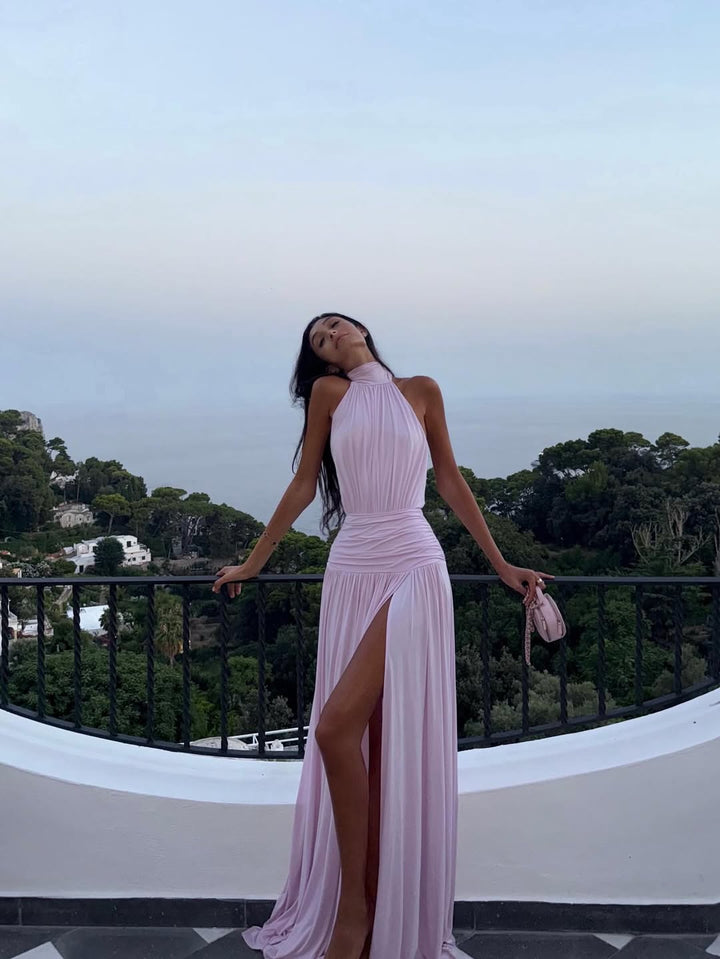 Dorien | Dress Maxi Plissettato with Collo Halter & Spacco