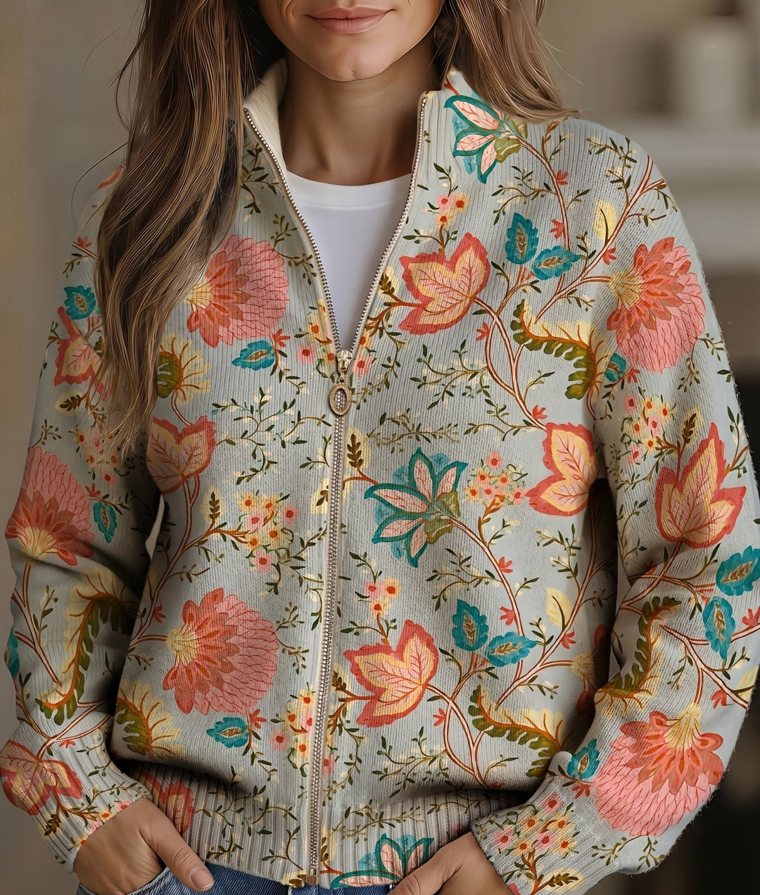 Cordelia | Vintage Floral Garden Zip Cardigan - Helen & Olivia Manhattan