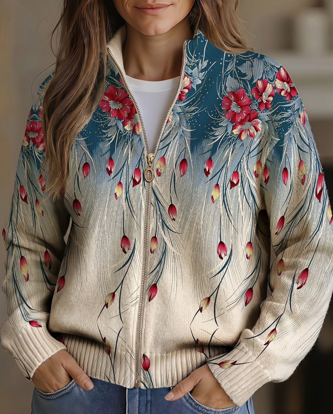 Seraphine | Floral Gradient Zip Cardigan - Helen & Olivia Manhattan